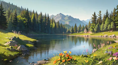 realistic, beautiful little lake, flowers, silt, small foliage, rounded trees, sunny day, rocks. --auto --s2