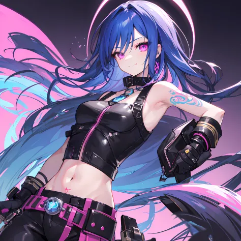 Solo,(Best quality:1.2,Masterpiece:1.2,Ultra detailed,hires),
Jinx (League of Legends),(Best quality:1.2,Masterpiece:1.2,Ultra detailed,hires),1girll,Upper body,Small breasts,
Blue hair,Long hair,Double up braid,Very long hair,bangs,Arm tattoos,stomach tat...