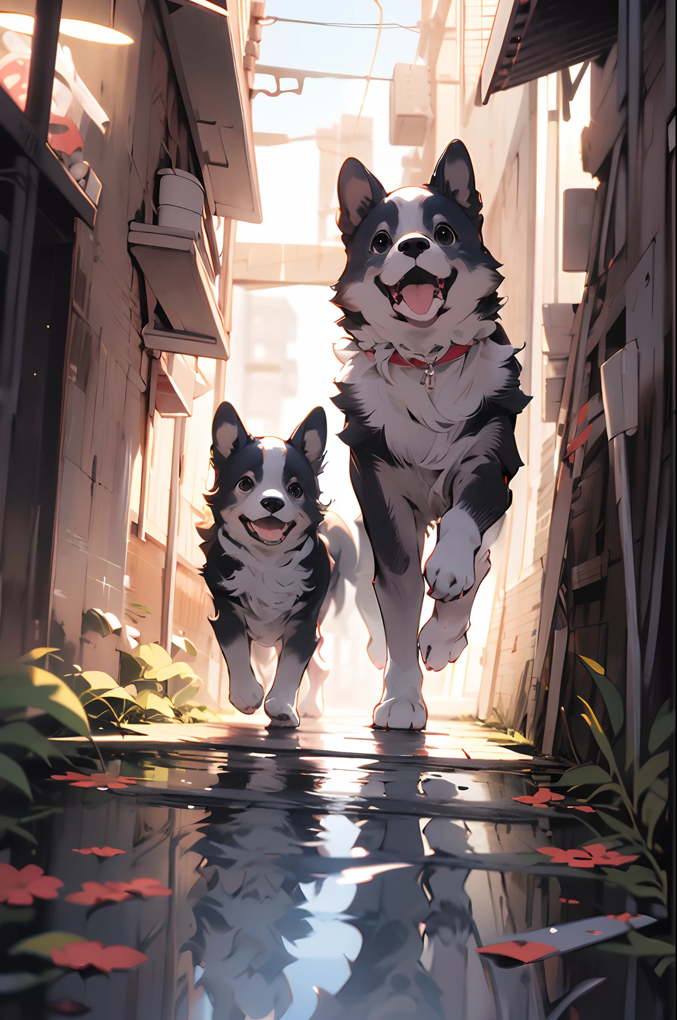 １a Dog、Strolling through the back alleys of New York、wide Shots、Masterpiece、pixiv、top-quality、detail portrayal、Backgrounds with depth、