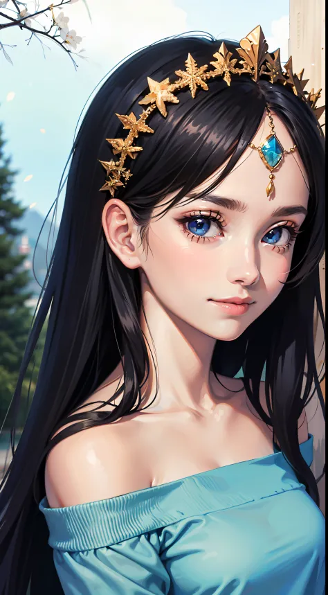 1girl,herry blossoms, 1girl, tree, solo, aurora, fireworks, long_hair, fireflies, light_particles, pine_tree, snowflake_background, milky_way, aerial_fireworks, headdress, arms behind body, blue_eyes, smile, face focus,photorealistic:1.4 detailed face,deta...