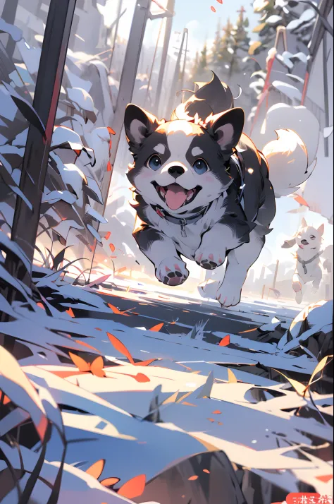 a Dog、Running around in a snowy field、wide Shots、masutepiece、pixiv、top-quality、detail portrayal、Backgrounds with depth、