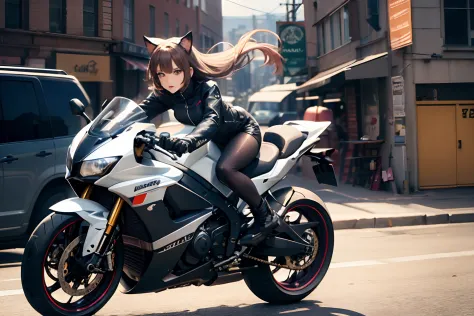 Best Quality, masuter piece, super precision, Cat eared girl riding a motorcycle