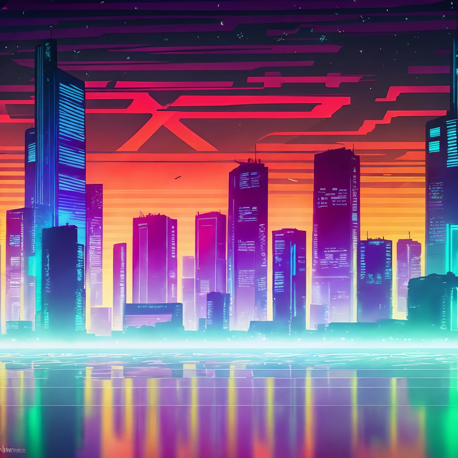 Ilustração em pixel art de uma paisagem urbana cyberpunk à noite com arranha-céus, luzes de neon, outdoors, carros, Marquise de teatro, & Fios elétricos. Videogame retrô Pixelart City. [Sci-Fi, fantasia, histórico]