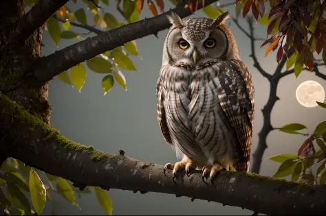 "RAW photo, best, masterpiece, best quality, high quality, extremely detailed, a rust-brown owl with black spots, in a leafy tree, it is a full moon night, cinematic color, scene from a movie, details intricate, best quality, very realistic,"