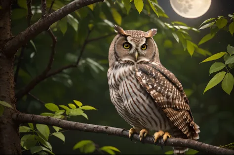 "RAW photo, best, masterpiece, best quality, high quality, extremely detailed, a rust-brown owl with black spots, in a leafy tree, it is a full moon night, cinematic color, scene from a movie, details intricate, best quality, very realistic,"
