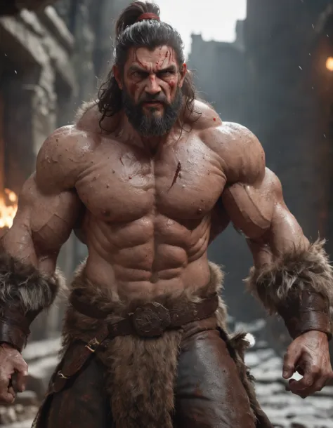 (professional 3d render:1.3) af (Realistic:1.3) most beautiful artwork photo in the world，Features soft and shiny male heroes, ((Epic hero fantasy muscle man rough wet hero angry looking long hair short beard and ferocious expression in dynamic pose, Fanta...