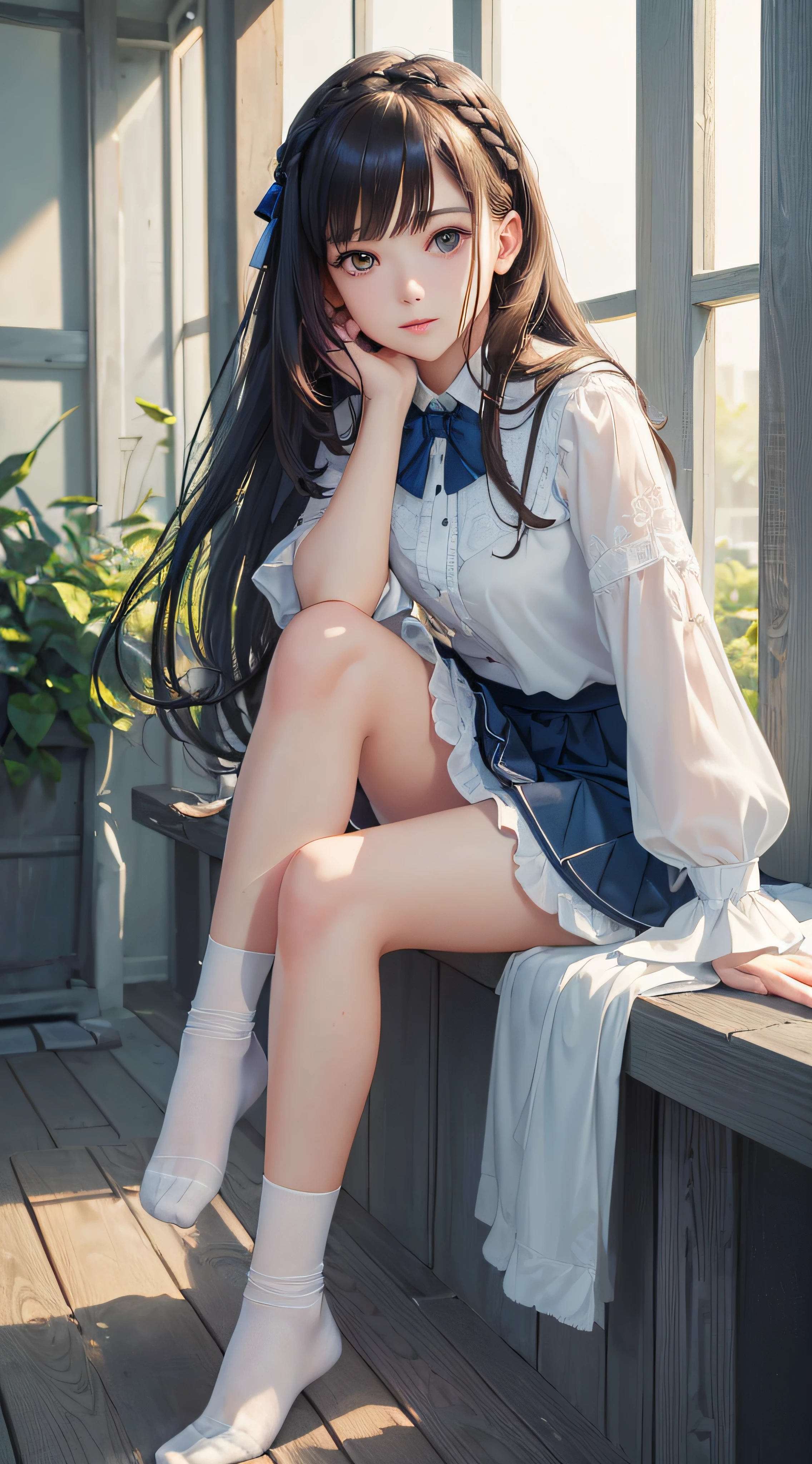 ((Bright garden porch background)), (lo-fi), (soft focus), High Definition, Masterpiece, High Definition, High Definition, 4K, Ultra High Definition, Ultra realistic shadows, Ultra realistic, Dramatic lighting, One Girl, Solo, Detailed Face, Realistic Eyes, Realistic Skin, Dynamic Hair, Dynamic Pose, Dynamic Angle, (White Blouse), (Dark blue bow tie), ( Dark blue long skirt))), ((White short ankle-length socks with folded edges))), white background, (Raw photo: 1.2), (Photorealistic: 1.4), Beautiful detailed girl, Very detailed eyes and face, Beautiful detailed eyes, Huge file size, super detailed, high resolution, very detailed, highest quality, (bright indoors), (soft light), (low contrast), ( shallow depth of field), (portrait of a beautiful woman illuminated by gentle light), (very delicate and elegant depiction), (short length bangs), (hair color is dark chestnut with a slight brown tone), (hair with subtle and gentle waves), (small braid intricately woven on the sides of long hair), ((white short ankle-length socks with folded edges))), illustration, very detailed, CG, unification, 8k wallpaper, Amazing, fine details, best quality, highly detailed CG unified 8k wallpaper, face lights, movie lighting, 1 girl, 16 years old, (((without panties)), (camel toe), (half), (bent knees and legs sitting))