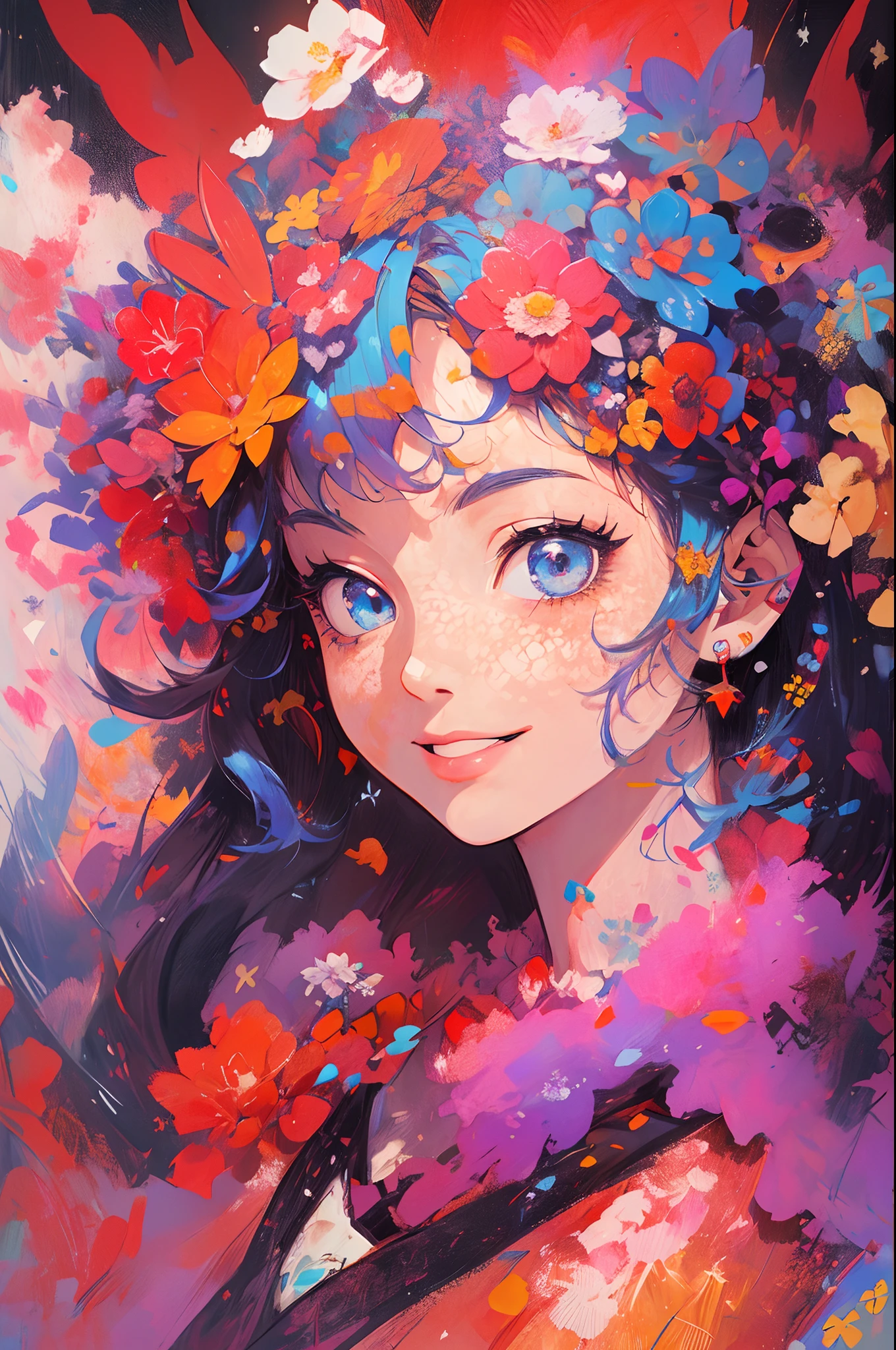 ((flowercrown)),Contemporary art created by tracing traces of colorful ink、​masterpiece、ultra-detailliert、pop-art、innocent smiles、eye glass、(1 girl, Solo:1.6),(Cute smile), (Best Impact:1.5), (maximalism:1.7), Vivid contrast, (Realistic), hyperrealistic illustrations, hight resolution, ultra-detailliert, absurderes,(Fractal Art:1.3)、One Piece Appearance、Random hairstyle、Random hair color colorful、FULL BODYSHOT、Retro、Precise focus、randome pose、cinema4d、Drama