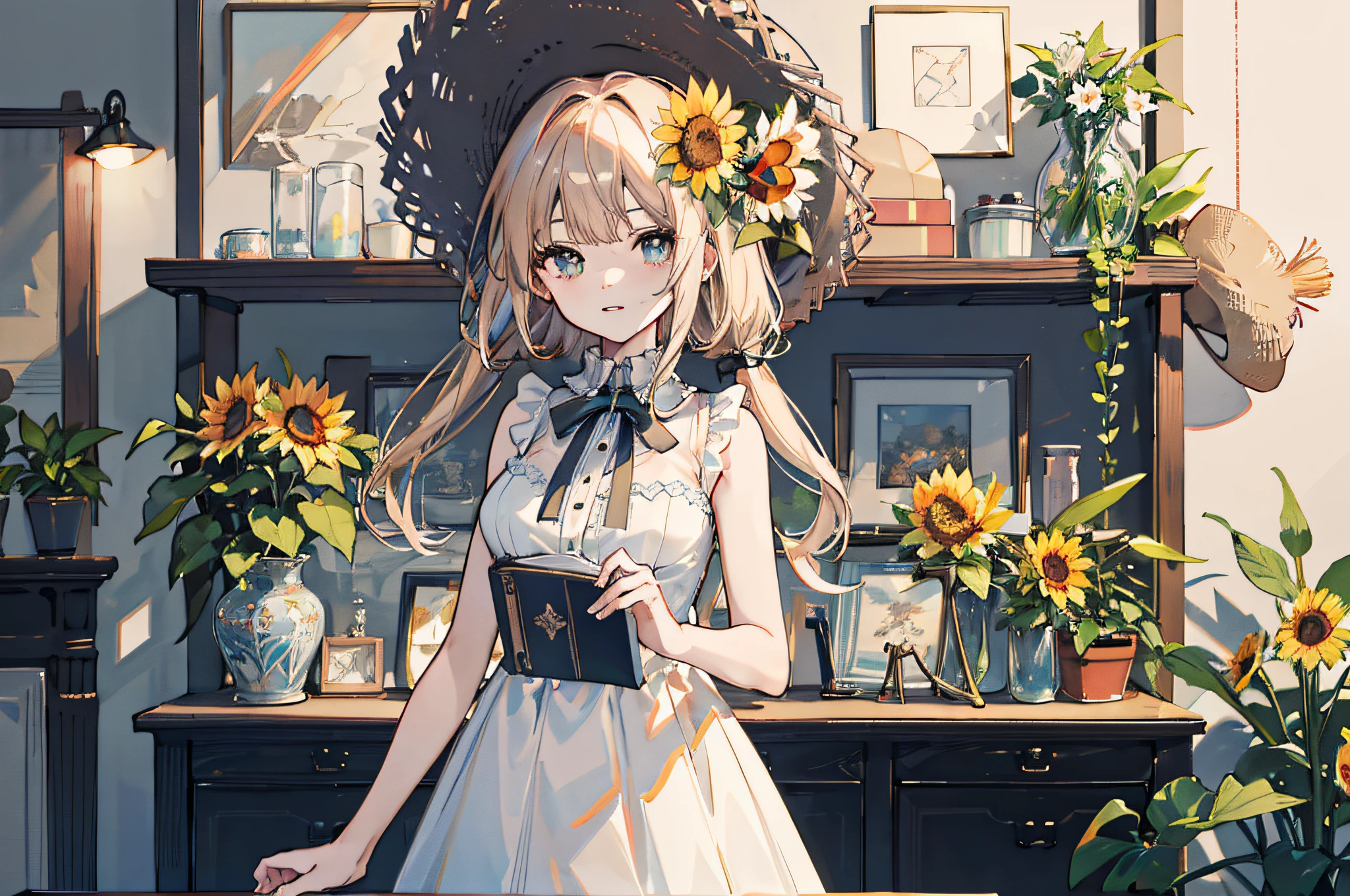 ray tracing,{best quality}, {{masterpiece}}, {highres}, original, extremely detailed 8K wallpaper, {an extremely delicate and beautiful},incredibly_absurdres,colorful,intricate detail,artbook,flower, 1girl, hat, plant, straw_hat, leaf, lily_\(flower\), potted_plant, sleeveless, solo, looking_at_viewer, sunflower, hat_flower, breasts, bare_shoulders, bangs, medium_breasts, upper_body, parted_lips,White skirt