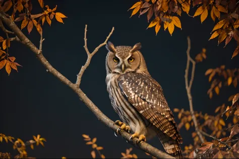 "RAW photo, best, masterpiece, best quality, high quality, extremely detailed, a rust brown owl with black spots, in a leafy tree, it's a crescent moon night, stars in the sky, cinematic color, scene from a movie , intricate details, the best quality, very...