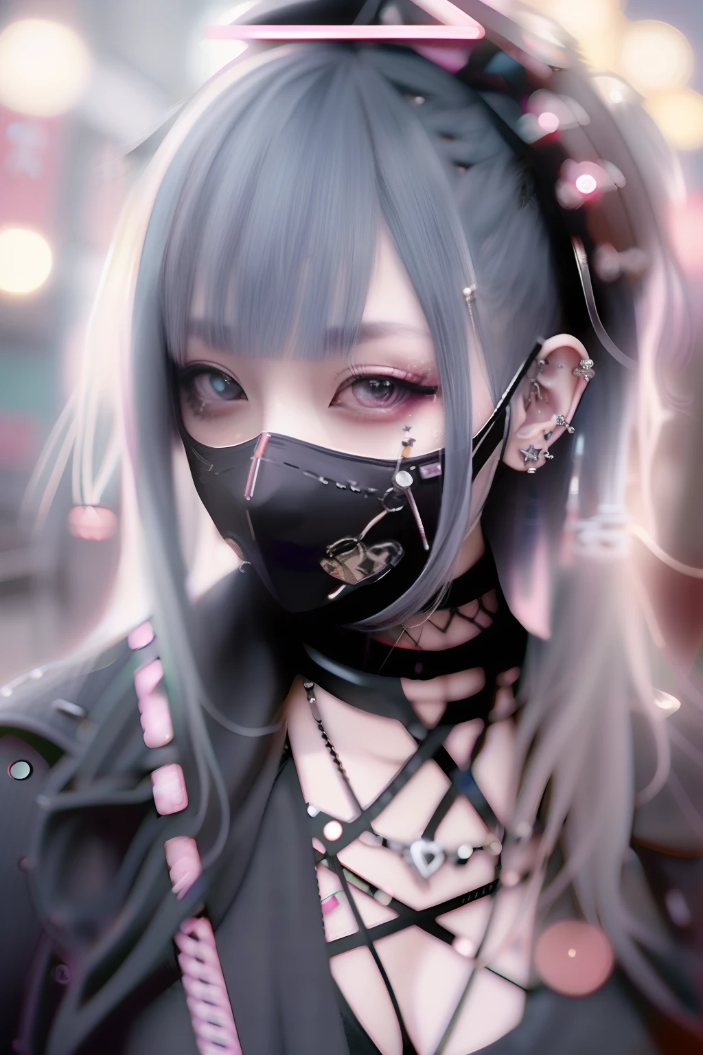 Anime girl with black mask and pink hair and piercings - SeaArt AI