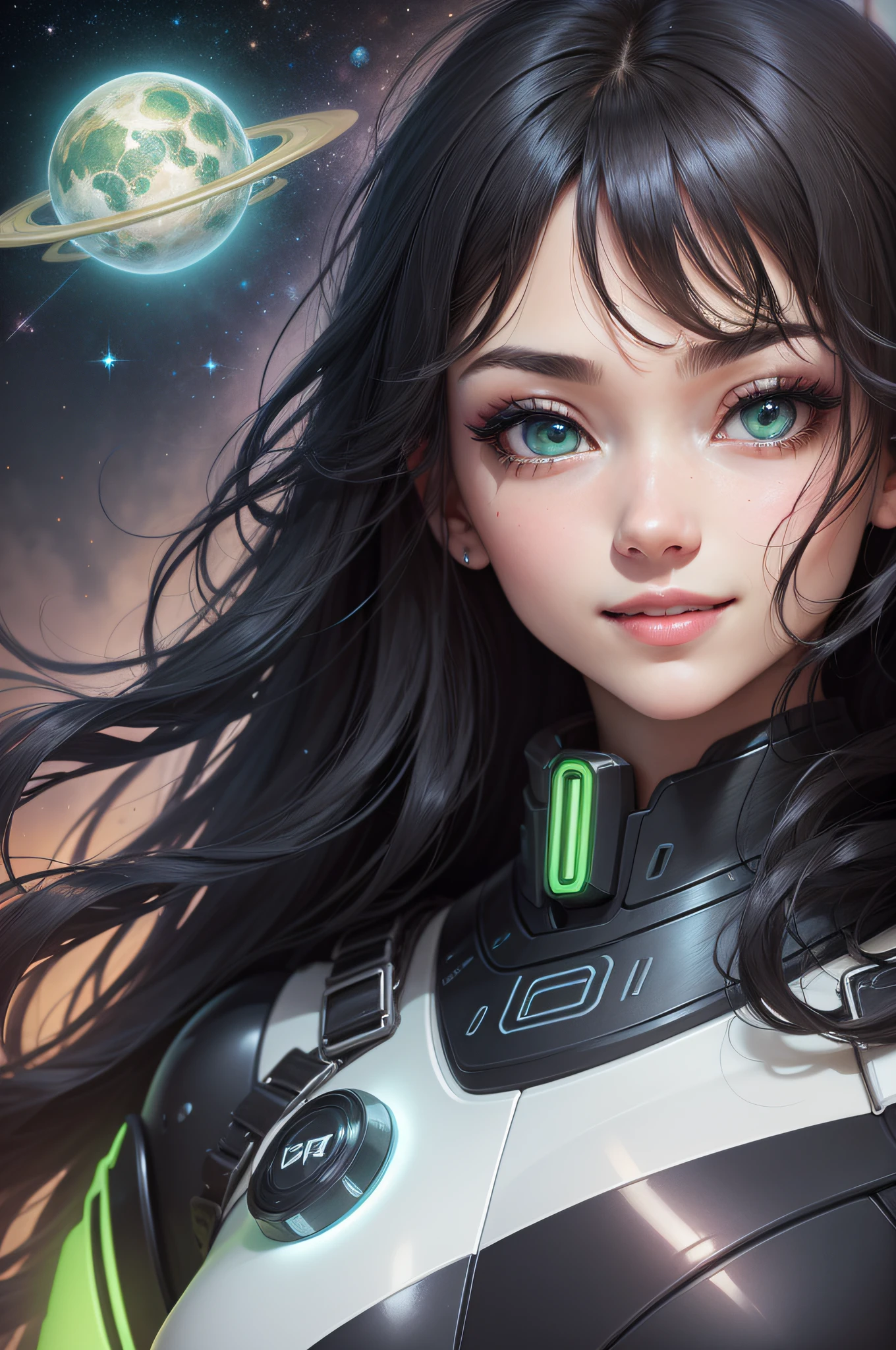 Wearing a tight spacesuit（Black is the main color、Green fluorescent color is a subcolor）、Sexy clothes、Futuristic clothes、Exposed skin a lot、infp young woman、Long Black Hair（10.0）、frontage、High-quality illustrations、big eye、Sheer eyes、Exquisite makeup、long eyeslashes、Eyes that laughed、A smile、Background is outer space and spaceship、（Solo 1.8）、beatiful detailed eyes、（Vertical Painting：2.0）、