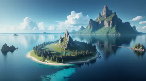 super realistic photo of a very small island in the middle of a calm and light blue lake, on the horizon only undergrowth and mountains, super detail