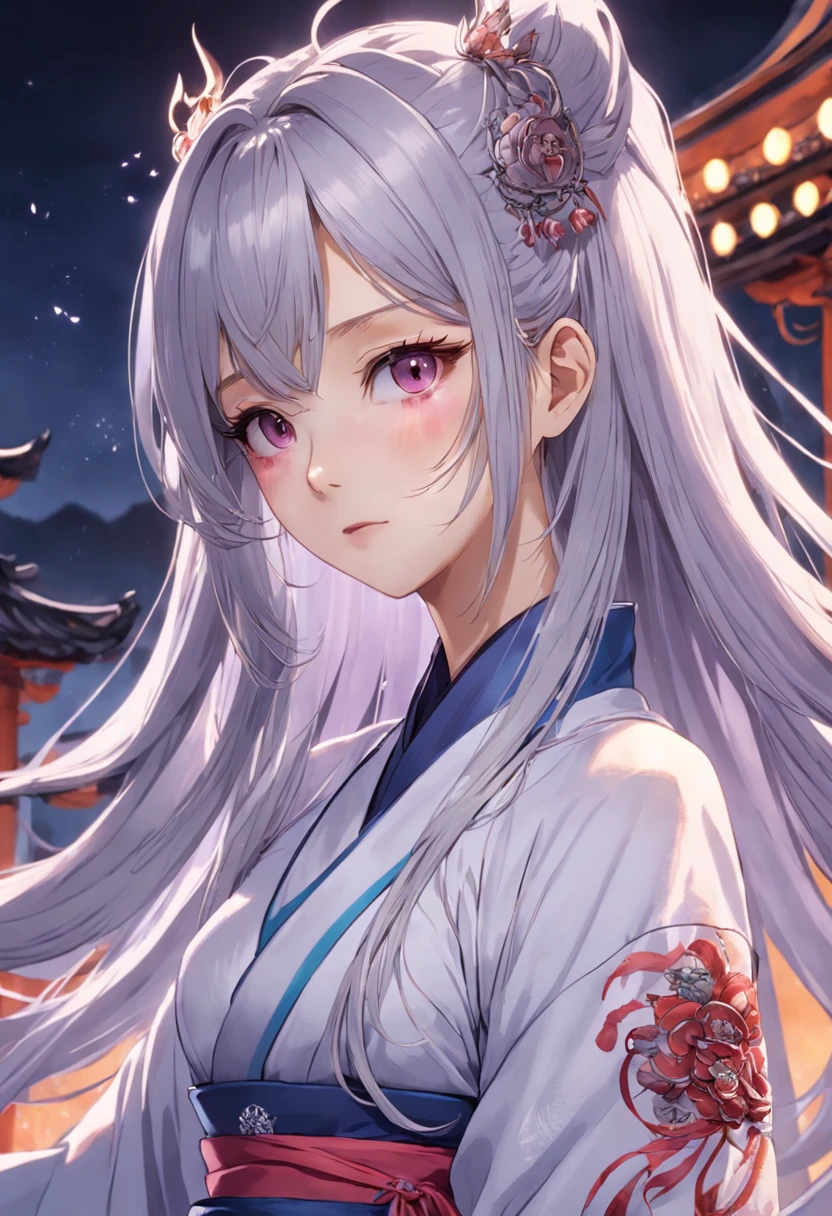 woman，ManhwaStyle，elaborate faces，Purple Hanfu，Domineering，（（Straight silver hair））（A high resolution），（detail-rich）,tmasterpiece，infinite details，（（（（The ultimate in light and shadow））））），Domineering expression，sliver long hair，（Dream rendering），Full body like，closeup cleavage，4k quality，A masterpiece