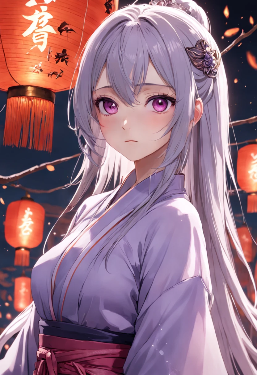 woman，Full body like，realistic manga，elaborate faces，Purple Hanfu，Domineering，（（Straight silver hair））（A high resolution），（detail-rich）,tmasterpiece，infinite details，（（（（The ultimate in light and shadow））））），Domineering expression，sliver long hair，（Dream rendering），Full body like，closeup cleavage，4k quality，A masterpiece