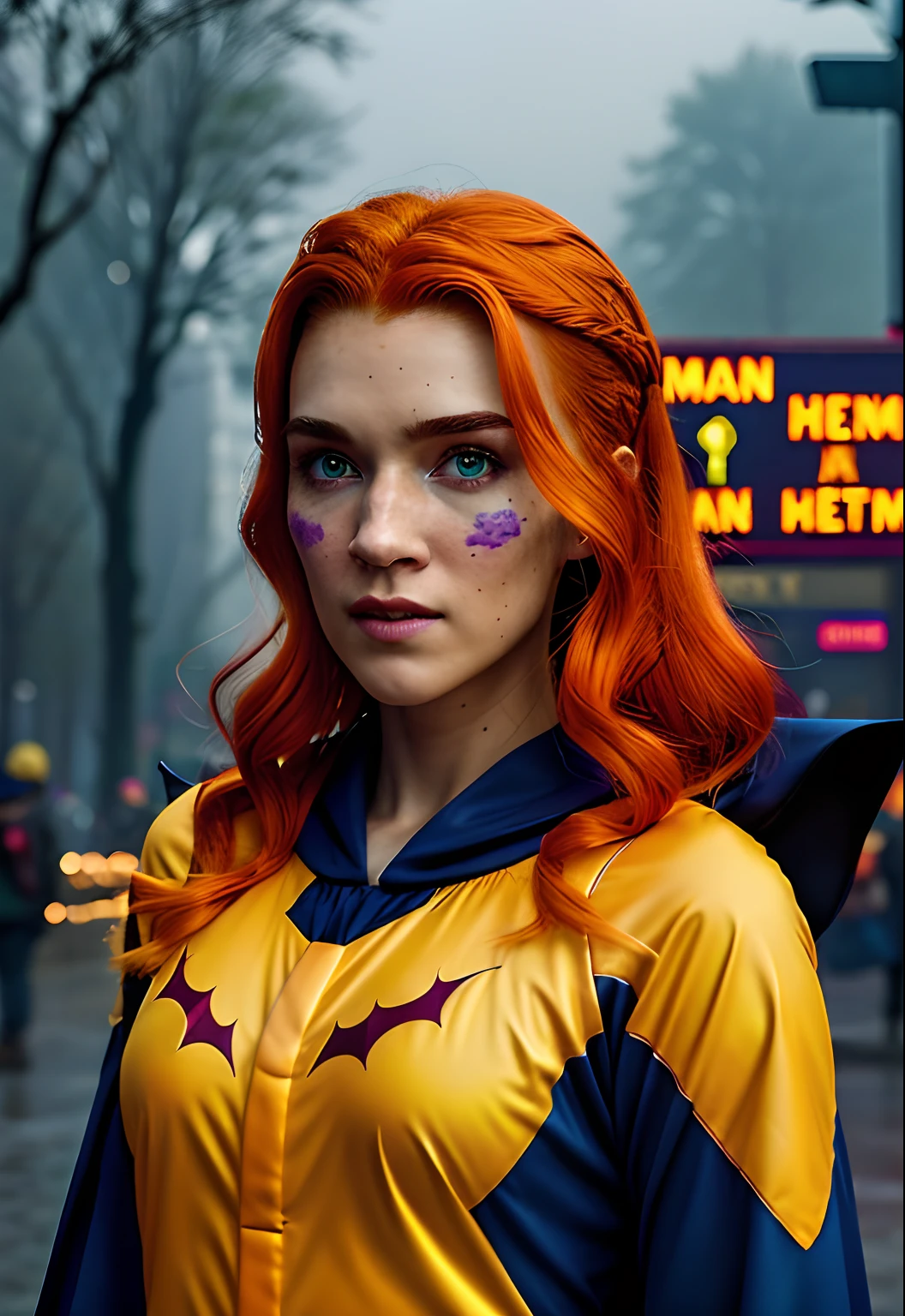 Top quality，movie atmosphere，cinematic details。Fog City。There is a warm dawn，And bats flying。Very beautiful orange haired girl，With freckles，green-eyed，With bat cover。Dressed in a blue-purple hero costume，There is also a yellow bat symbol on the chest，yellow capelet，Various expressions。