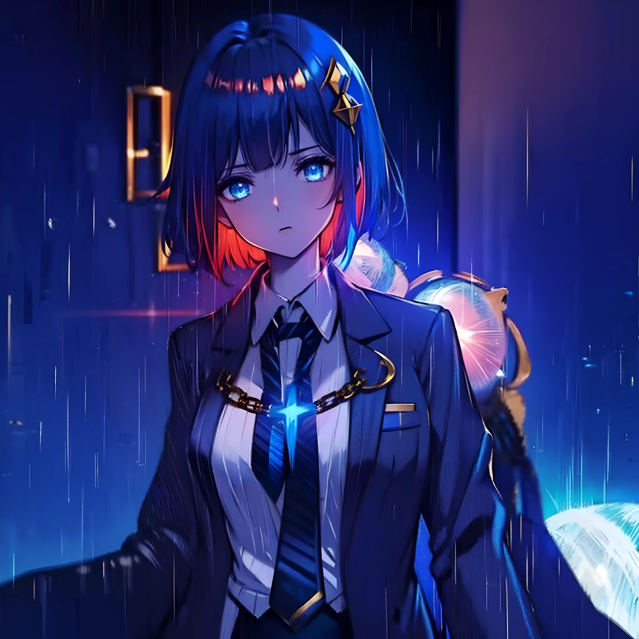 1 girl, solo, young girl, teenager, narrow head, short azure hair, blue eyes glowing red, angered expression, gold hair ornament, white and blue , long skirt, zoomed out, very dim lighting, rainy night, dark picture, cliff, tree on the side