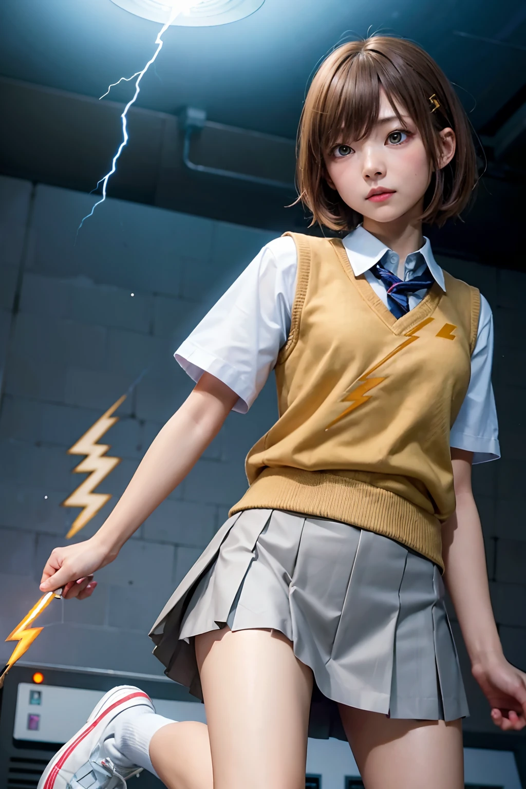 1girl, solo, misaka mikoto, short hair, brown hair, hairclip, brown eyes, school uniform, tokiwadai_school_uniform, white shirt, sweater vest, grey skirt, shorts under skirt, loose socks, shoes, standing, (VFX, biribiri, electricity, lightning, l:1.5), front view, (fish eye, focus on girl:1.35), (masterpiece, best quality:1.5), plain terrain,