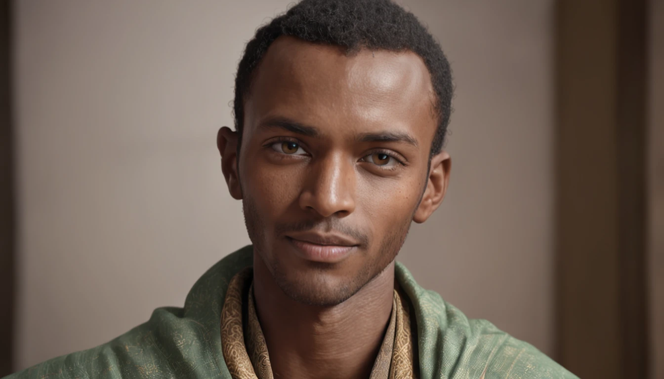 A close up of a man in a green shirt and a brown scarf - SeaArt AI