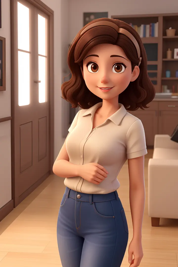 a mother in mid 30's with short dark brown hair and brown eyes, young looking, wearing a hair clip. 3d cartoon with accurate proportions.