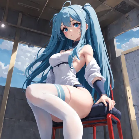 There was a woman with blue hair and stockings standing on a chair, trending on cgstation, anime barbie in white stockings, 3 d anime realistic, anime cgi style, the anime girl is crouching, Realistic anime 3 D style, anime styled 3d, seductive anime girls...