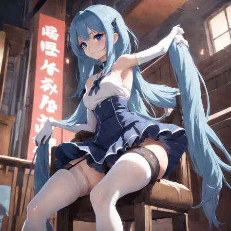 There was a woman with blue hair and stockings standing on a chair, trending on cgstation, anime barbie in white stockings, 3 d anime realistic, anime cgi style, the anime girl is crouching, Realistic anime 3 D style, anime styled 3d, seductive anime girls...