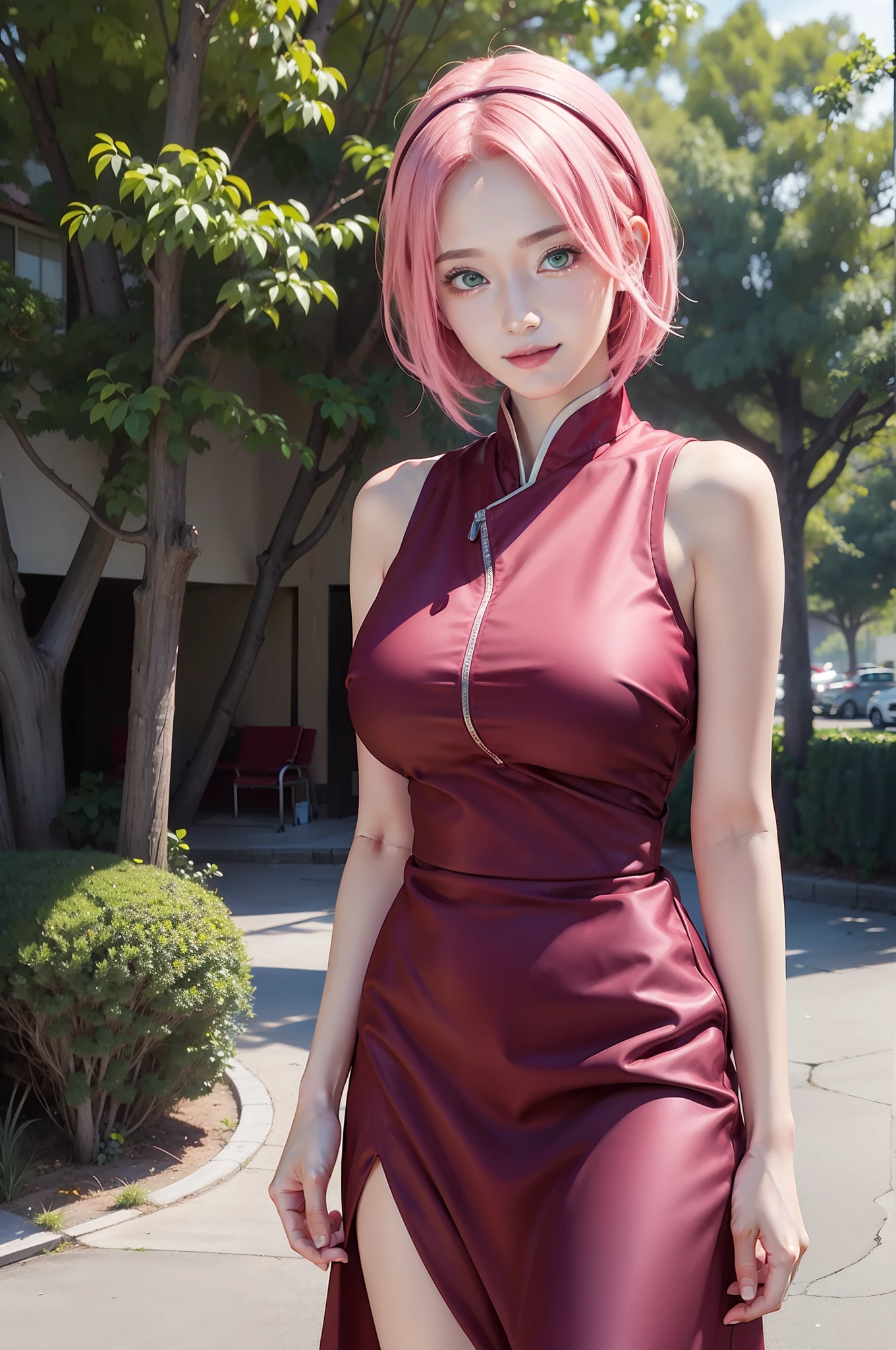 1girl, haruno sakura in anime naruto, short hair, pink hair, green eyes, smile, beautiful, red clothes, very big breast, realistic clothes, detail clothes, outdoor background, ultra detail, realistic