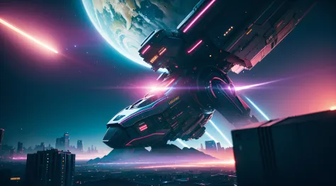 8K, UHD, RAW, hires, (photorealistic:1.4), Cinematic lighting, depth of fields, bloom, glare, lens effects, lens flares, a spaceship havoring on alien planet ,scifi, pink and blue tone, cyberpunk city, low saturation, mega robot destroy the world,