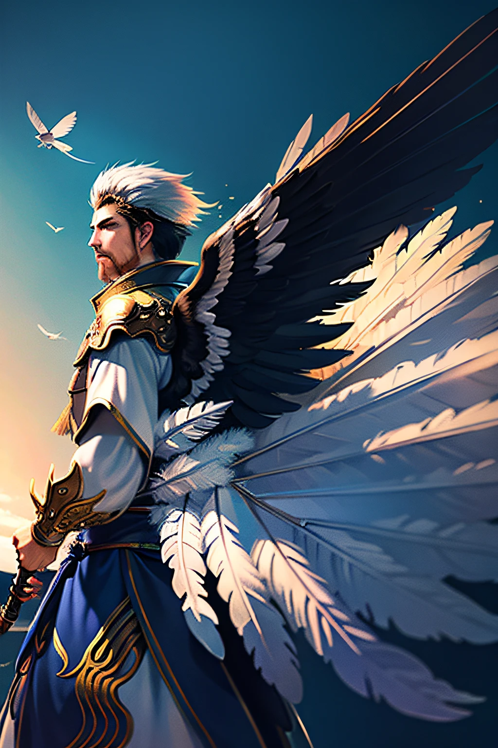 1boy, (8k, best picture quality, masterpiece: 1.4), final fantasy, (fantasy), (lighting), solo, white chinese chat, chinese clothes, (handle Feather Fan), feather, white cloth, cloud, eagle, wings