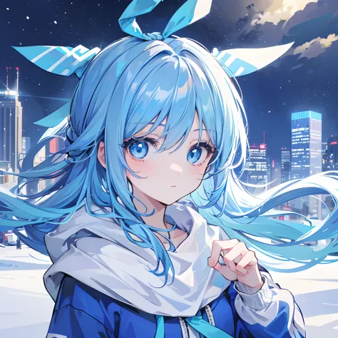 1girl, with light blue hair and blue eyes, wearing a hair ribbon and a blue and white hoodie. The scene is set in winter, with the girl looking directly at the viewer. This image can be used as a profile picture.City background.Hand pose