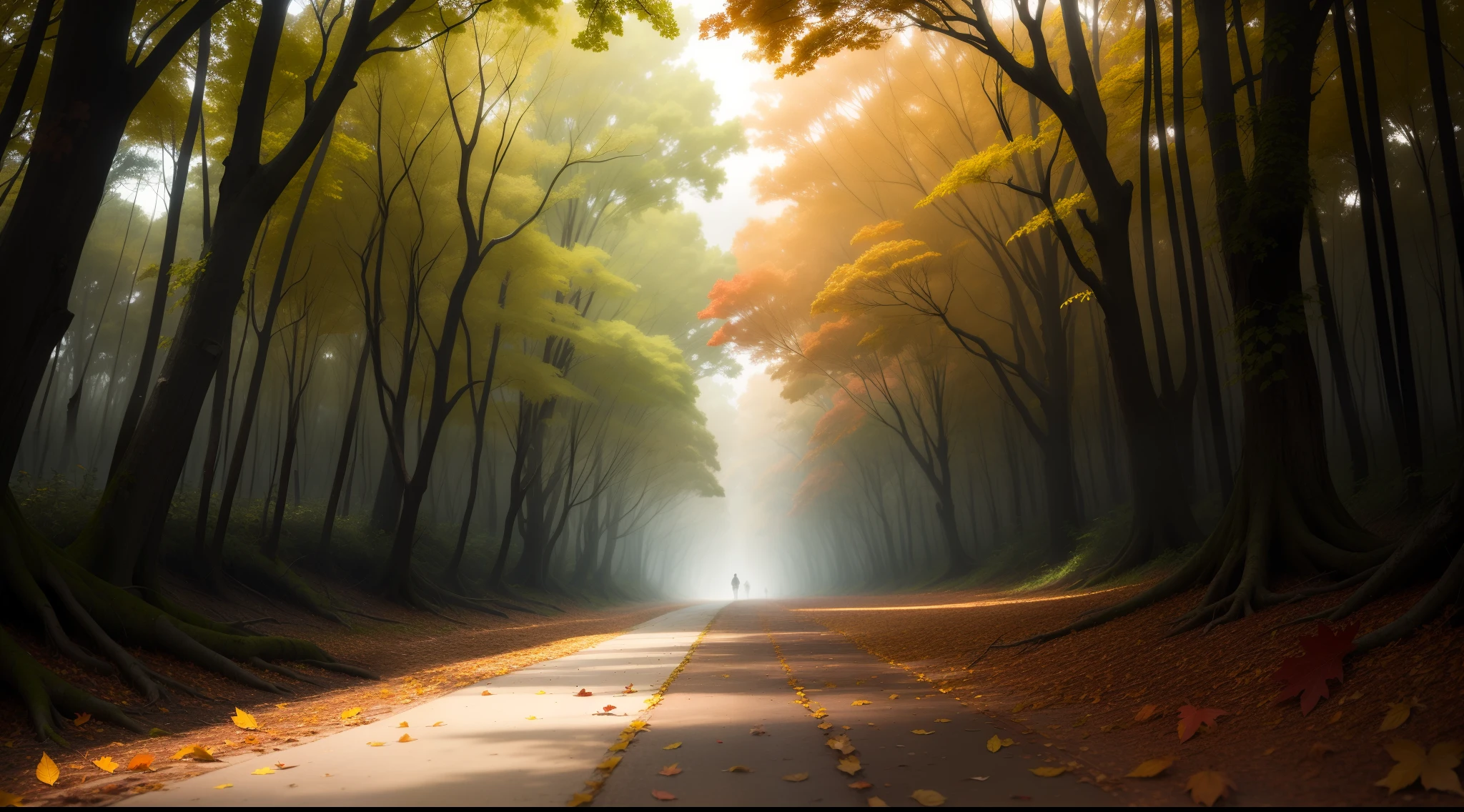 The red-shirted woods that have just rained There are many fallen leaves on the ground Tyndall light has a strong sense of light, strong contrast between complex and simple, and there are flocks of birds in the sky