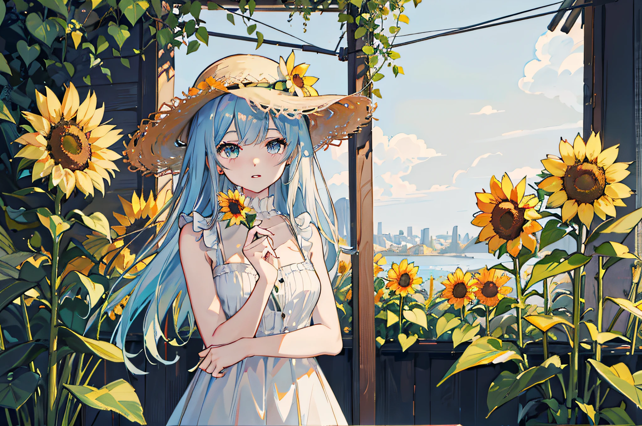 ray tracing,{best quality}, {{masterpiece}}, {highres}, original, extremely detailed 8K wallpaper, {an extremely delicate and beautiful},incredibly_absurdres,colorful,intricate detail,artbook,flower, 1girl, hat, plant, straw_hat, leaf, lily_\(flower\), potted_plant, sleeveless, solo, looking_at_viewer, sunflower, hat_flower, breasts, bare_shoulders, bangs, medium_breasts, upper_body, parted_lips,White skirt