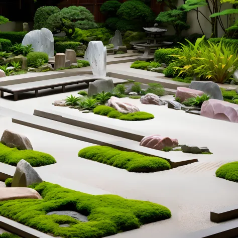 a wood room with a view of a garden in the distance , garden with Asian classical landscape culture, in the garden there are three green islands with graceful curved shape covered by moss, dotted with ten Japanese-style rocks, a red maple . The small court...