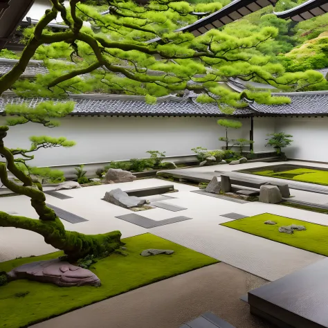 a wood room with a view of a garden in the distance , garden with Asian classical landscape culture, in the garden there are three green islands with graceful curved shape covered by moss, dotted with ten Japanese-style rocks, a red maple . The small court...