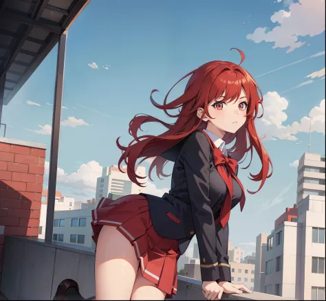 Anime girl, school uniform, red hair, sexy, full body shot, rooftop balcony