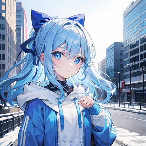 1girl, with light blue hair and blue eyes, wearing a hair ribbon and a blue and white hoodie. The scene is set in winter, with the girl looking directly at the viewer. This image can be used as a profile picture.City background.Fixing hair
