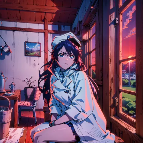 Girl sitting in the chair at sunset in her farmhouse. anime art style
