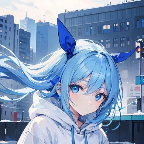 1girl, with light blue hair and blue eyes, wearing a hair ribbon and a blue and white hoodie. The scene is set in winter, with the girl looking directly at the viewer. This image can be used as a profile picture.City background.