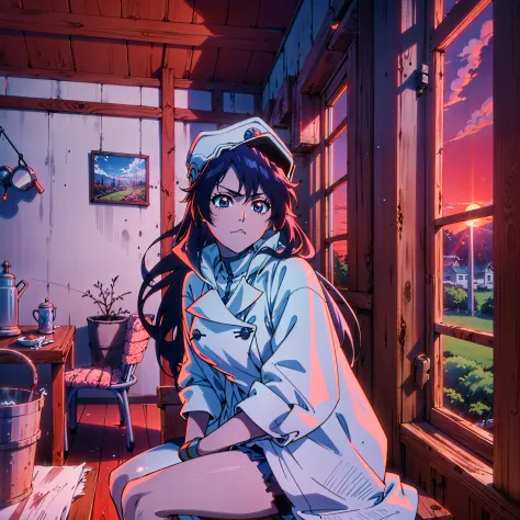 Girl sitting in the chair at sunset in her farmhouse. anime art style