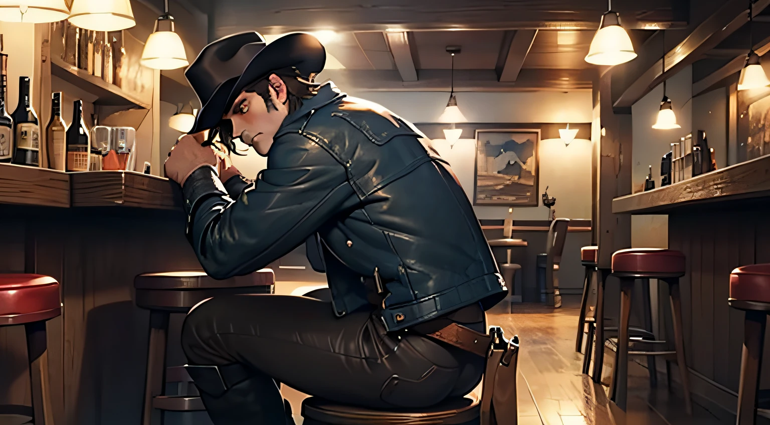 (4K, Best picture quality, A high resolution:1.1), (Masterpiece:1.1)，blue-shirt, Brown leather jacket, long black jeans, Cowboy boots, revolver, Cowboy hat, Dark brown hair, short detailed hair, Brown eyes, Young cowboys，in a pub，Hand pain，