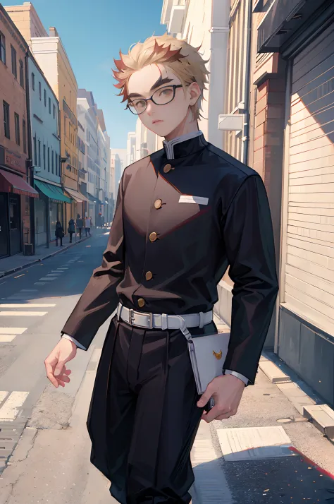 1 boy, wearing a black jacket, city background, wearing baggy clothes, bright brown pants and white belt, wearing glasses, walki...