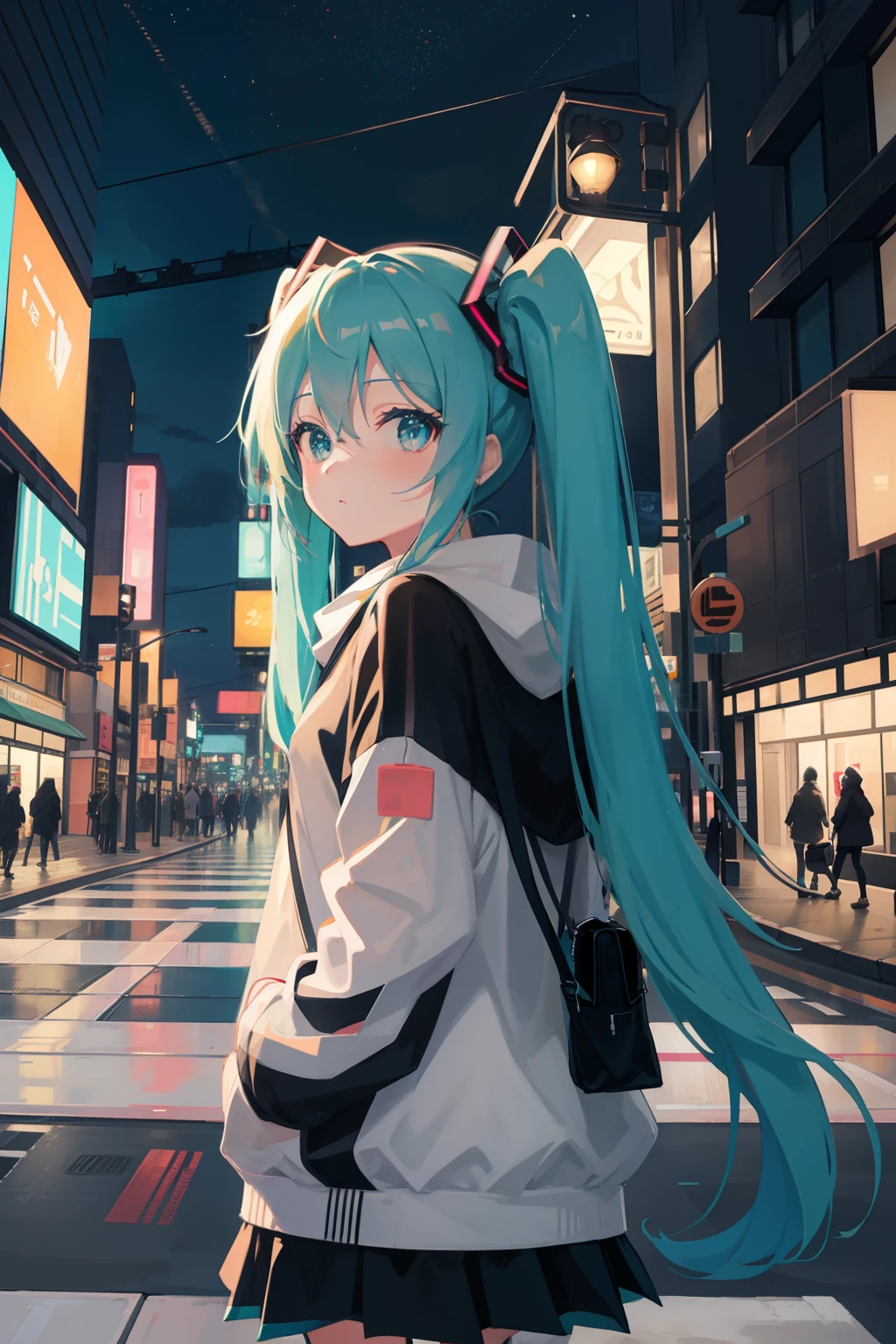 Hatsune Miku Hood City at nigh - SeaArt AI