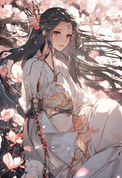 Ancient beauty，long whitr hair，Raised sexy，wearing a hanfu，Take a fan，ssmile，gentleness，Cleavage is seductive，adolable，Portrait wallpaper，filigree，full bodyesbian，The action is enchanting，Big breasts wife