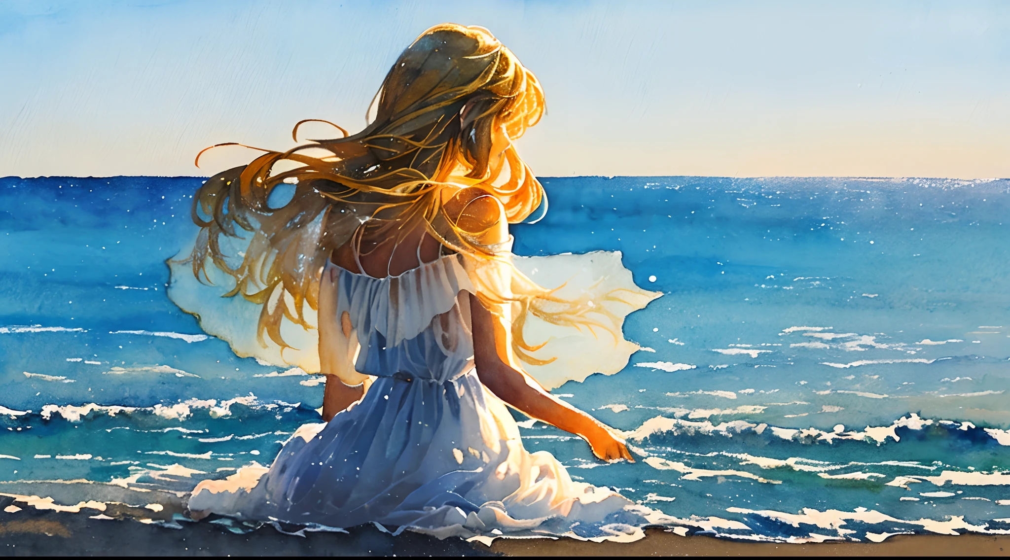 masterpiece, minimalistic graphic art, ((watercolors)),((brushstrokes)), aquarel painting of the most beautiful woman sitting on the beach watching the sea, white ((transparant see-through dress)) flowing in the wind, long blond hair flowing in the wind, white background, backlight, volumetric lighting