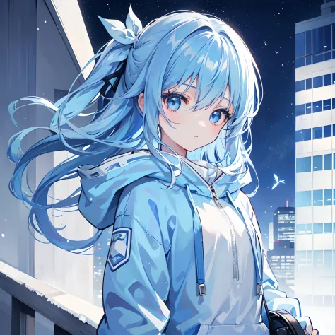 1girl, with light blue hair and blue eyes, wearing a hair ribbon and a blue and white hoodie. The scene is set in winter, with the girl looking directly at the viewer. This image can be used as a profile picture.City background.