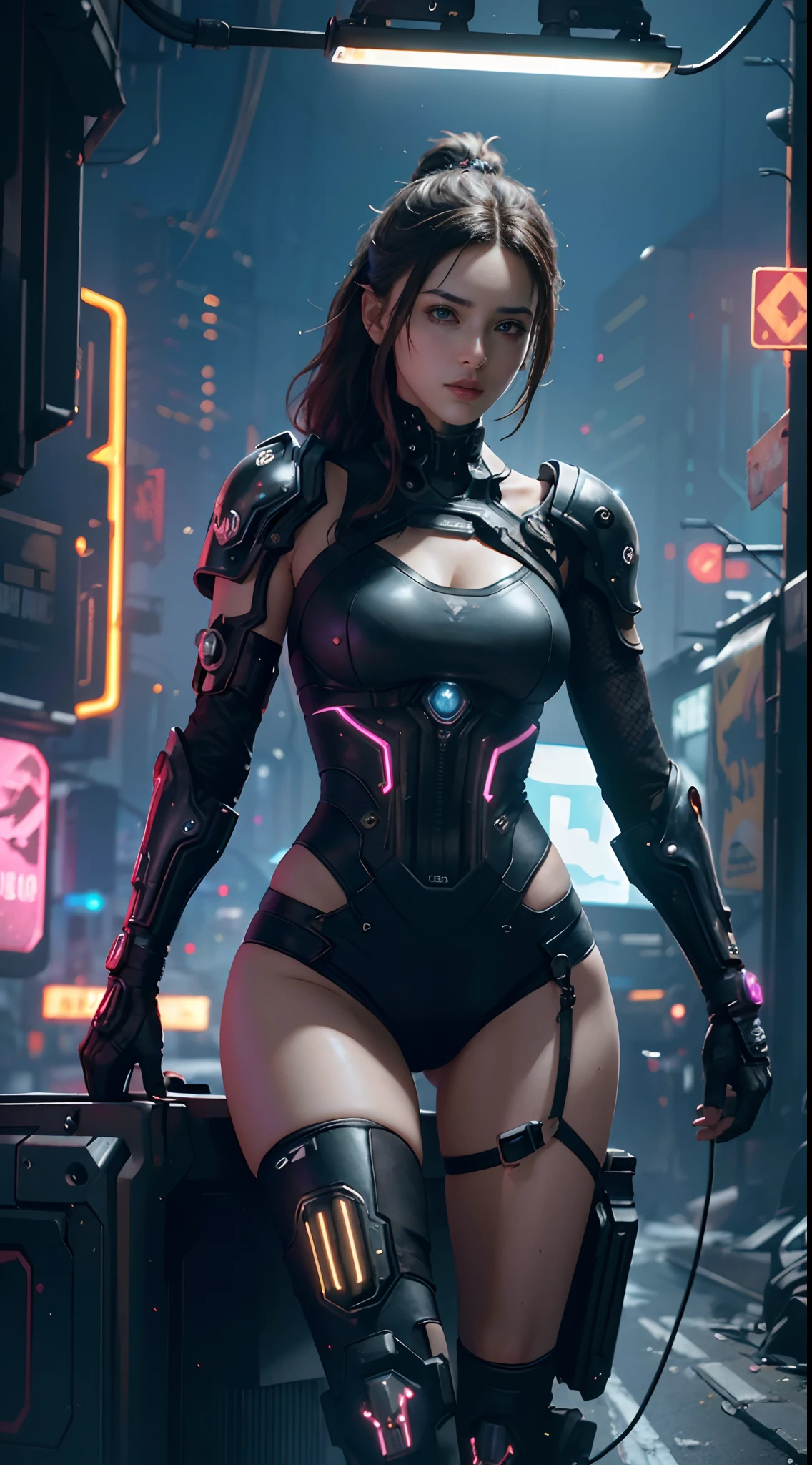 Best Quality)), ((Masterpiece)), (Very Detailed:1.3), 3D, Beautiful (Cyberpunk:1.3)), 1 girl, full body, mohicans hairstyle, big breast, slender body, slender hips, big breasts, dynamic pose, wearing full ((heavy cyberpunk armor)) with neon trim, (head-mounted displays), fiber optic cables, company logos, science fiction, Night Cyberpunk city background, Gantz, In the Style of Cyberpunk 2077, Ultra realistic photo, masterpiece, best quality, CG, wallpaper, HDR, high quality, high-definition, extremely detailed, {beautiful detailed face}, {beautiful detailed eyes}, (detailed light){{intricate detail}}, {highres}, ((detailed face)), neon light, chiaroscuro, key visual, intricate detail, highly detailed, breathtaking, vibrant, cinematic, low ISO, white balance, rule of thirds, wide aperture, 8K RAW, efficient sub-pixels, subpixel convolution, luminous particles,