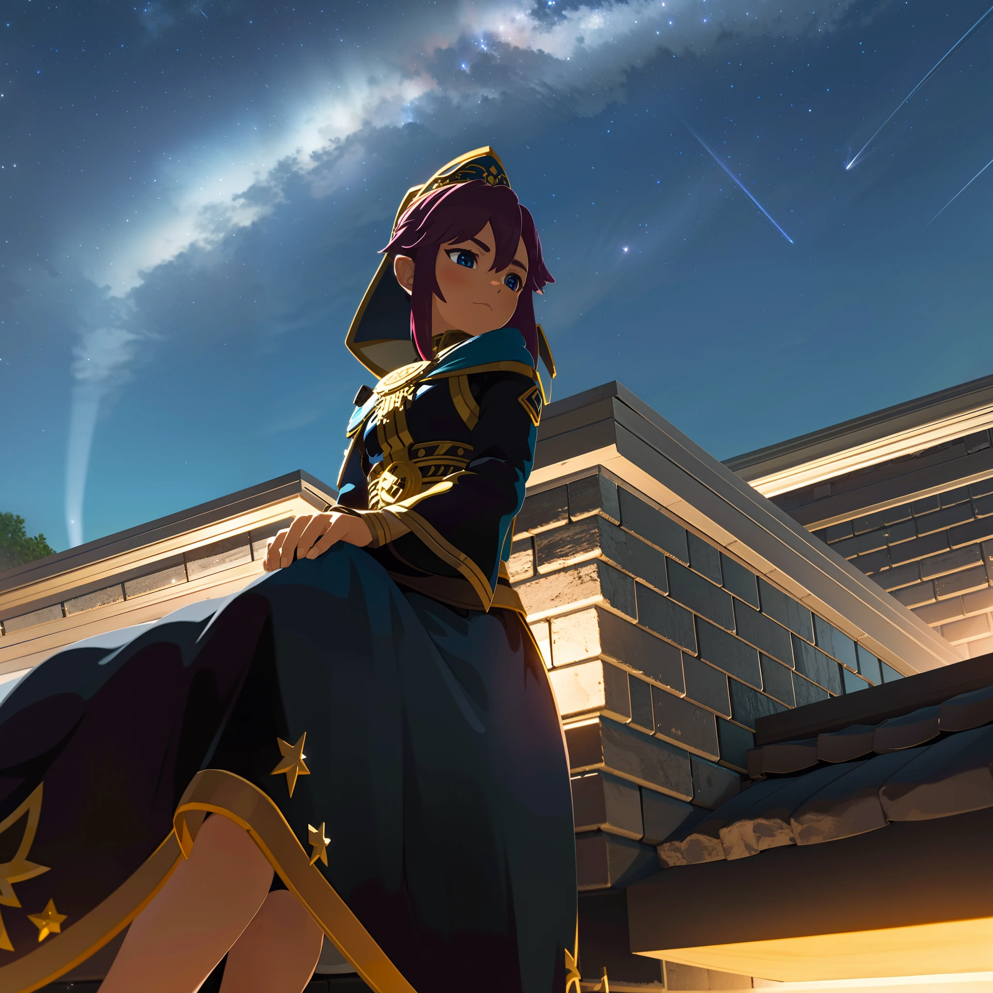 die Nacht，A girl sits on das Dach of a house and looks up at the sky，Ein Himmel voller Sterne，Ein leuchtender Meteor raste über den Himmel， im Panorama-Ausblick， Szenerie， Horizont， das Dach， auf dem Dach sitzen， Wind，8k，