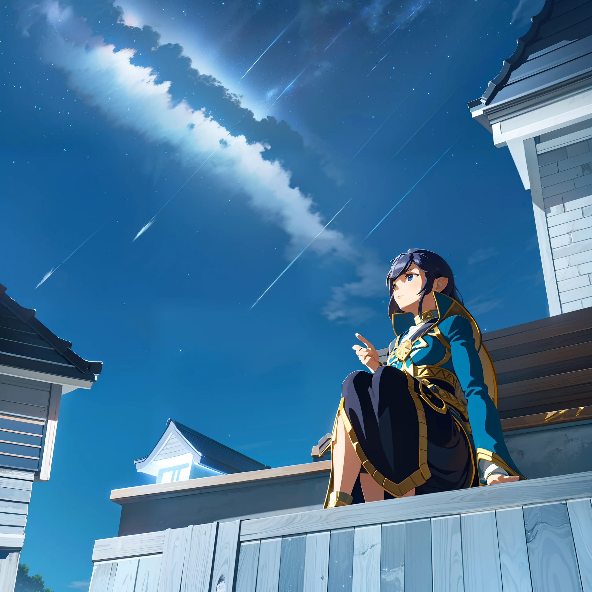 晚上，A girl sits on 屋頂 of a house and looks up at the sky，佈滿星星的天空，一顆閃亮的流星劃過天空， 全景， 风景， 地平線， 屋頂， 坐在屋顶上， 風，8K