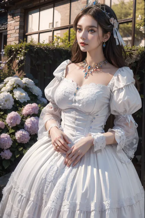 Full body、((top-quality、​masterpiece、photographrealistic:1.4、8K))、1 beautiful detailed girl、15yo student、extremely detailed eye and face、beatiful detailed eyes、（Cute dress with puff sleeves in medieval European style、Pink and white dress、Princess）、Luxury a...