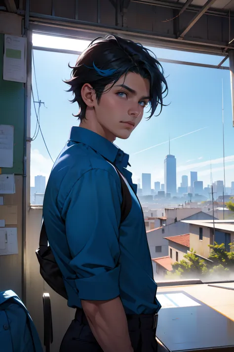 desde atras vemos a un chico de pie en el tejado de la escuela , esta sin camisa, cabello azul largo mirando una cercana ciudad,...